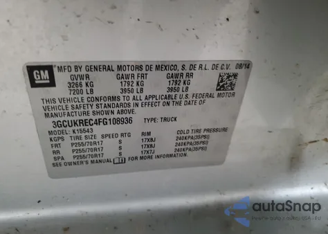 2015 Chevrolet Silverado K1500 Lt from USA, damaged, VIN 3GCUKREC4FG108936